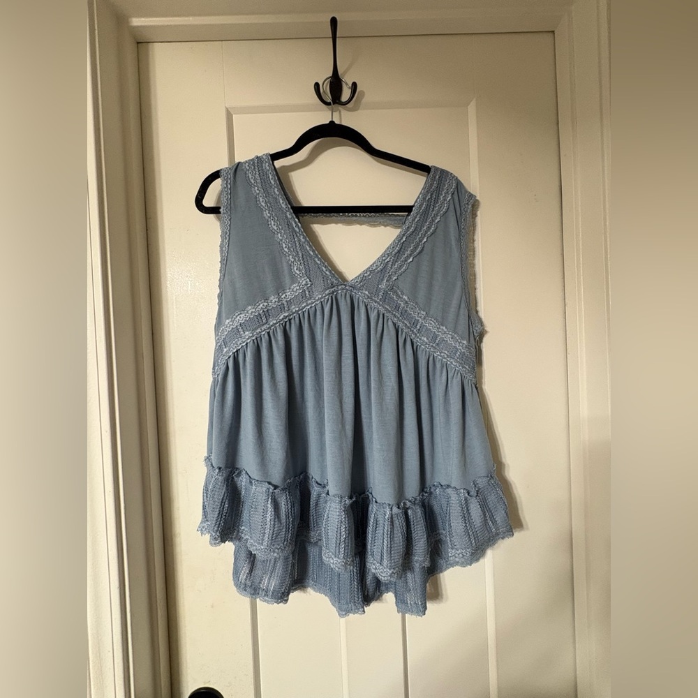 POL Light Blue Ruffled V-Neck Women's Top